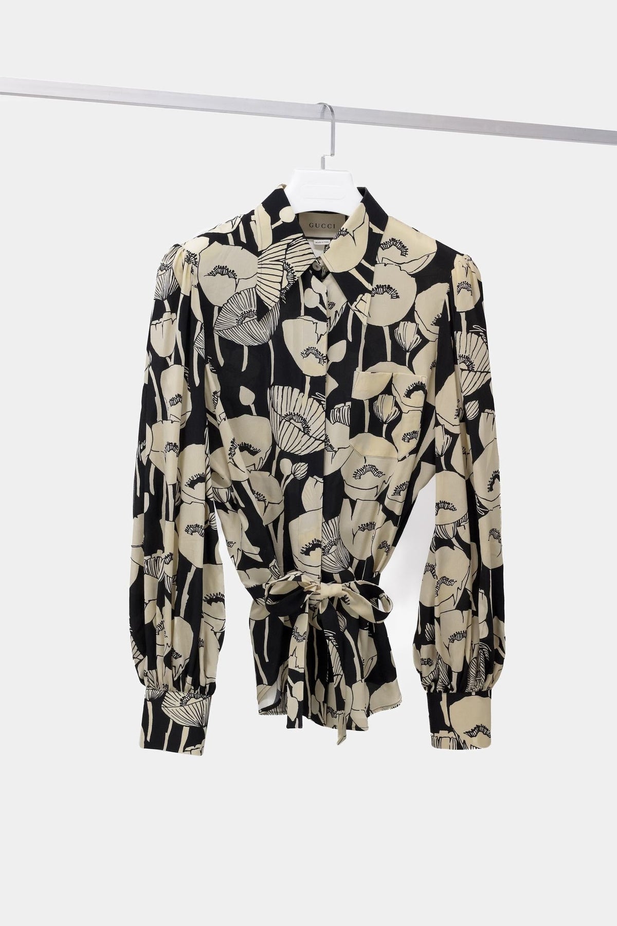 Gucci SS/21 Black and White Poppy-Floral Silk Blouse