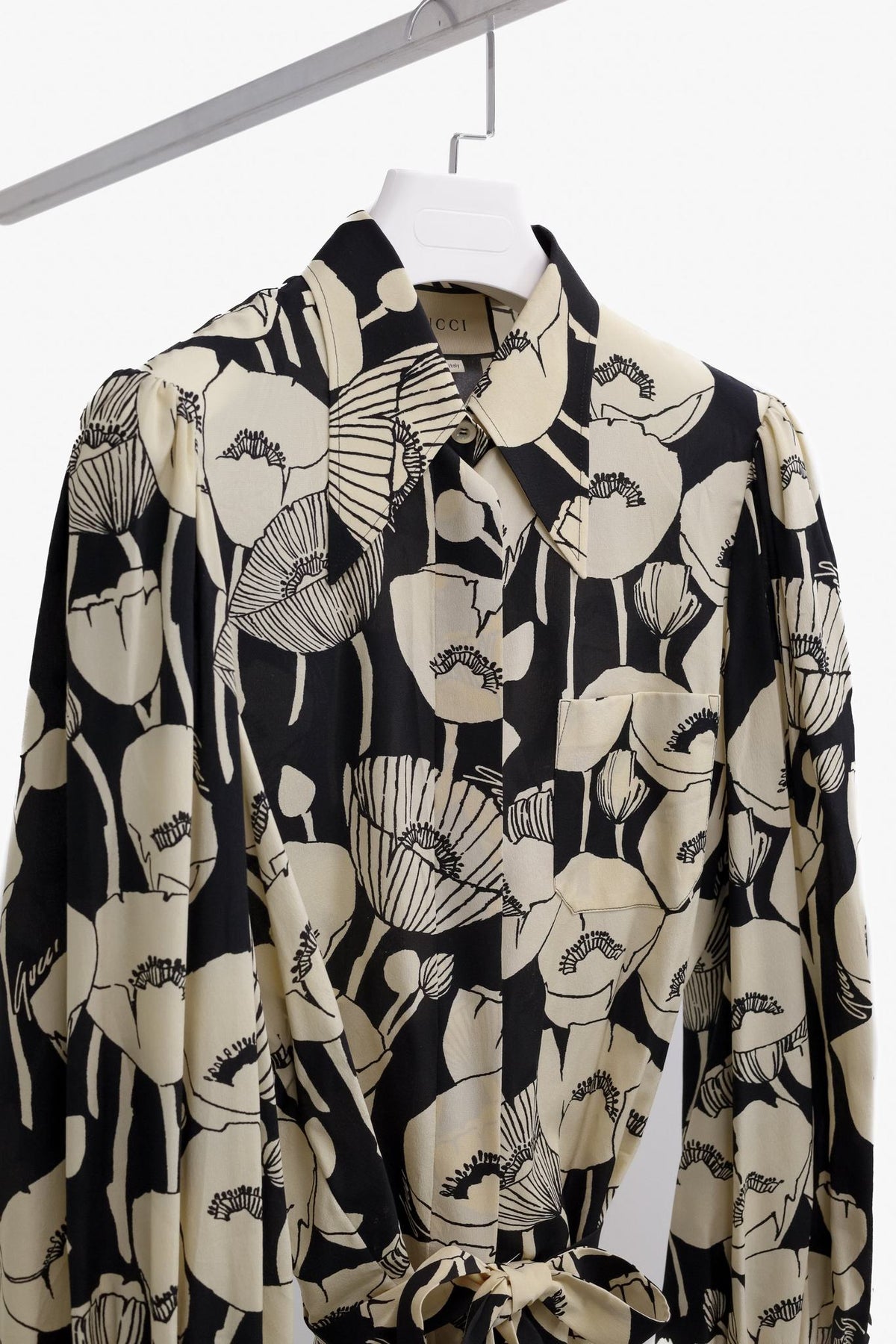 Gucci SS/21 Black and White Poppy-Floral Silk Blouse