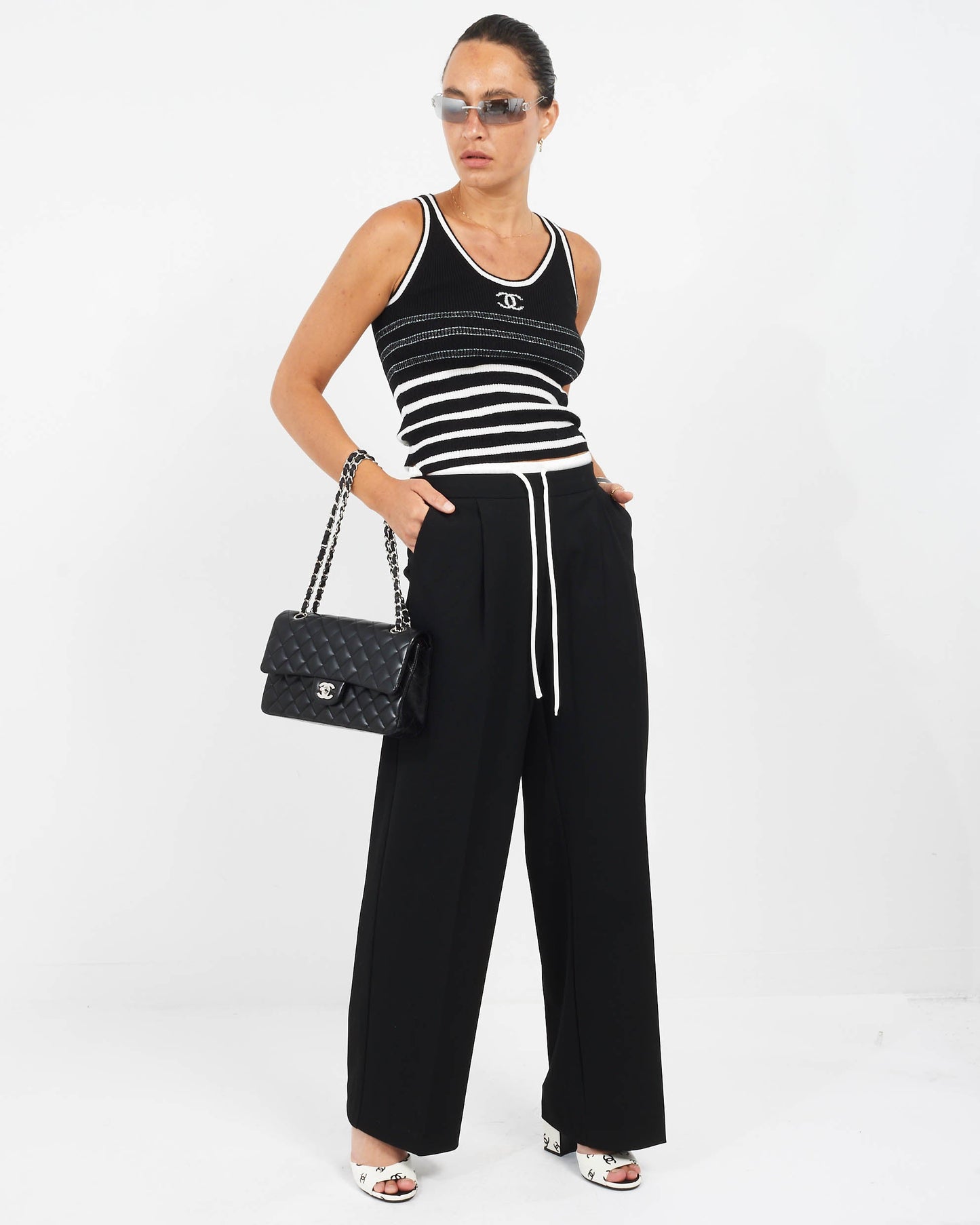 Chanel Black & White Glitter Stripe Heart & Logo Tank Top - 38