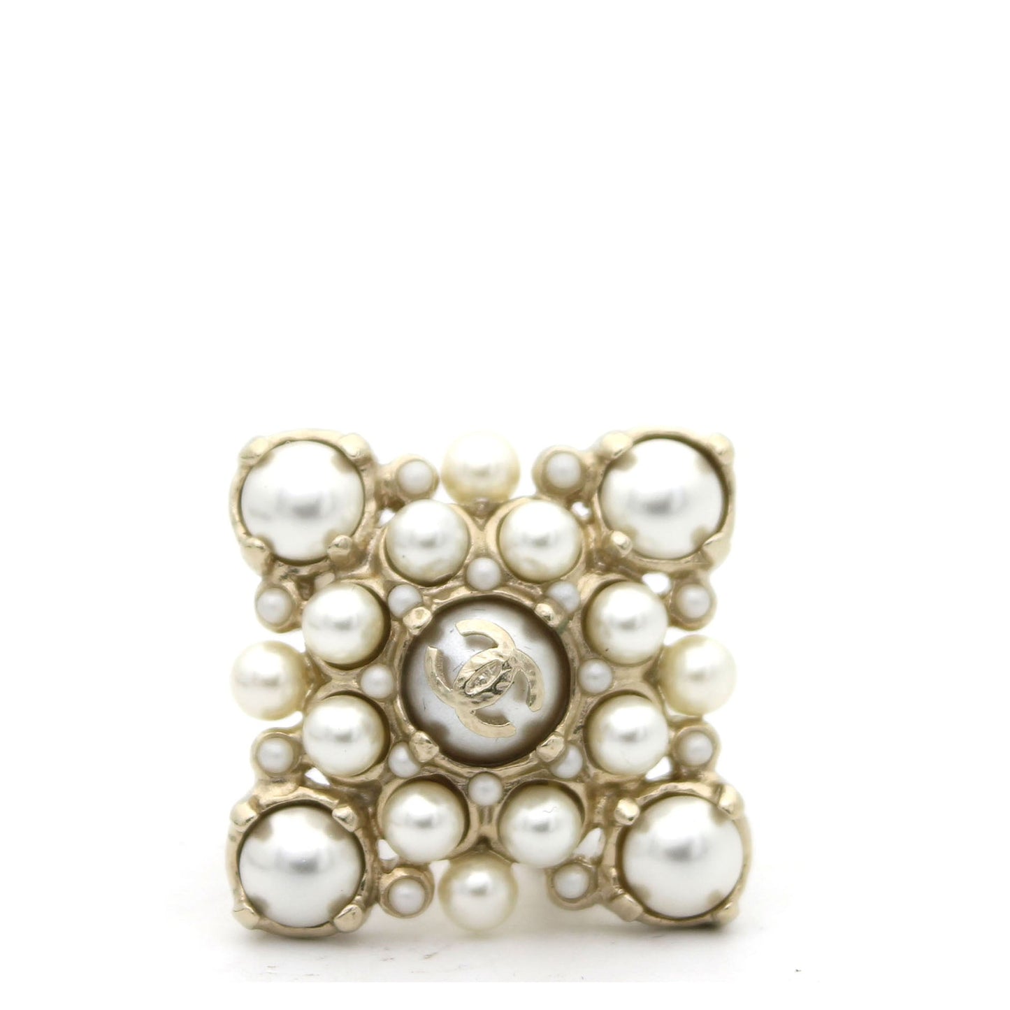 Pale Gold Tone Faux Pearl CC Ring 52