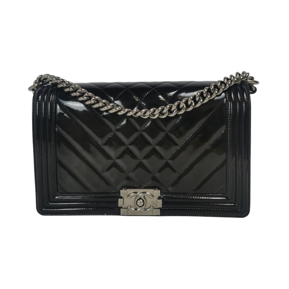 Chanel Boy Large Black Patent Leather Silver
