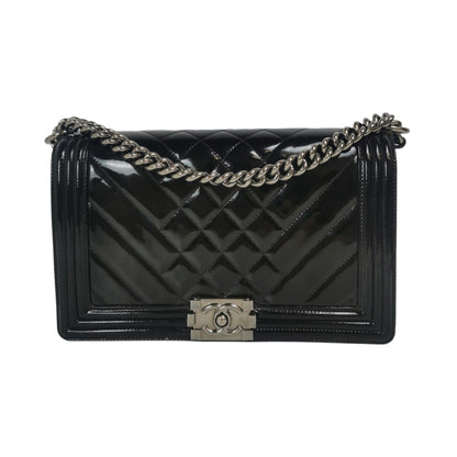 Chanel Boy Large Black Patent Leather Silver