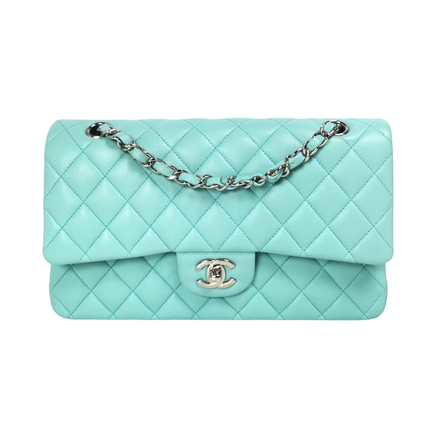 Chanel Classic Double Flap Medium Tiffany Blue Lambskin Silver