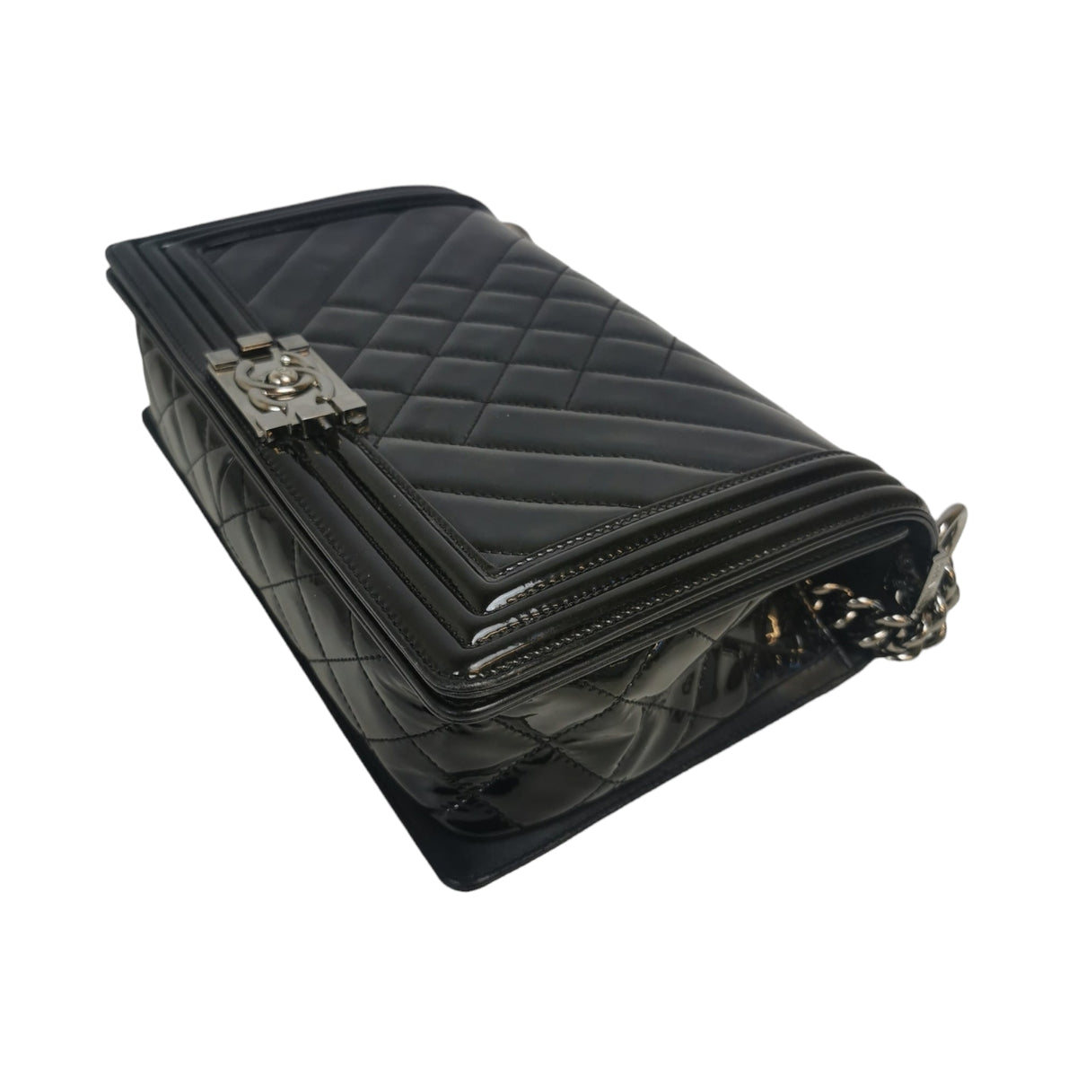 Chanel Boy Large Black Patent Leather Silver