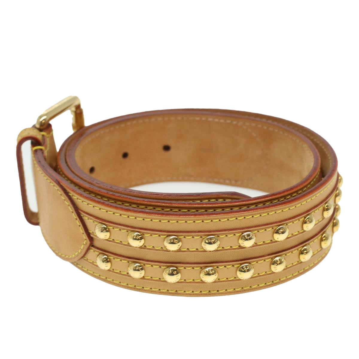 LOUIS VUITTON Studs Belt Leather 80/32 Beige LV Auth ro735