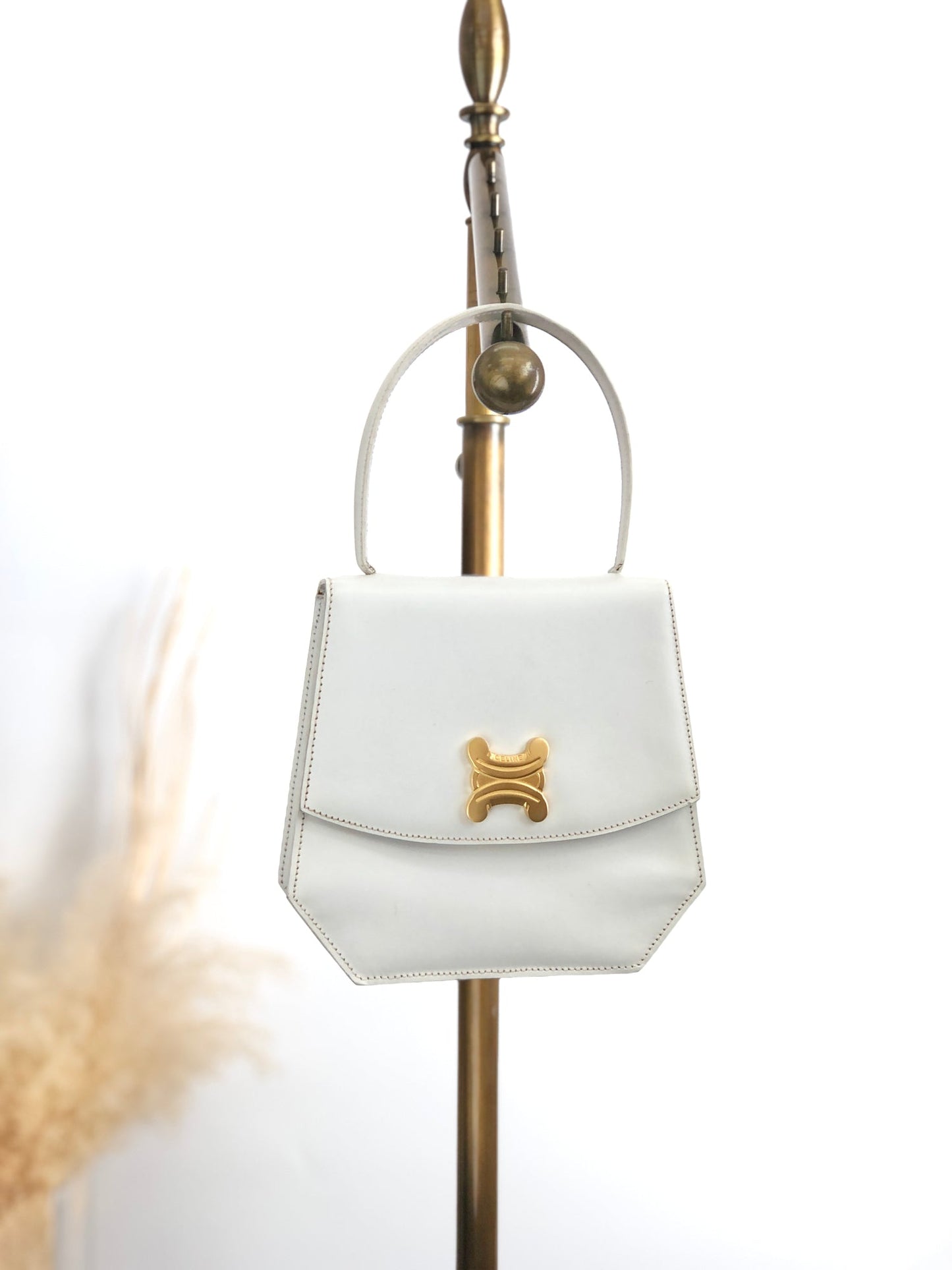CELINE Triomphe Top Handle Handbag White Vintage 33tdem