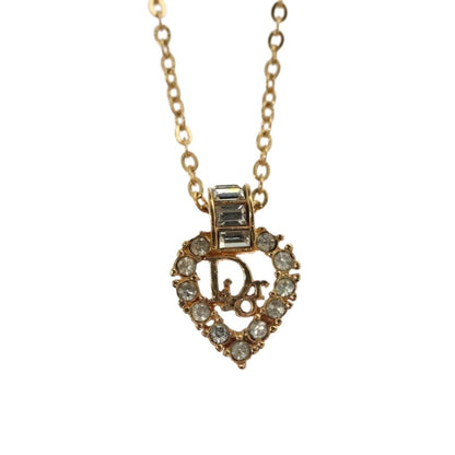Christian Dior Logo Heart Pendant Necklace Metal With Crystal Gold Metal Jewelry ()