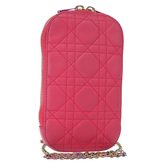Christian Dior Lady Dior Phone Holder On Chain Cannage Quilt Lambskin Pink Leather Clutche & Pouche Bag ()