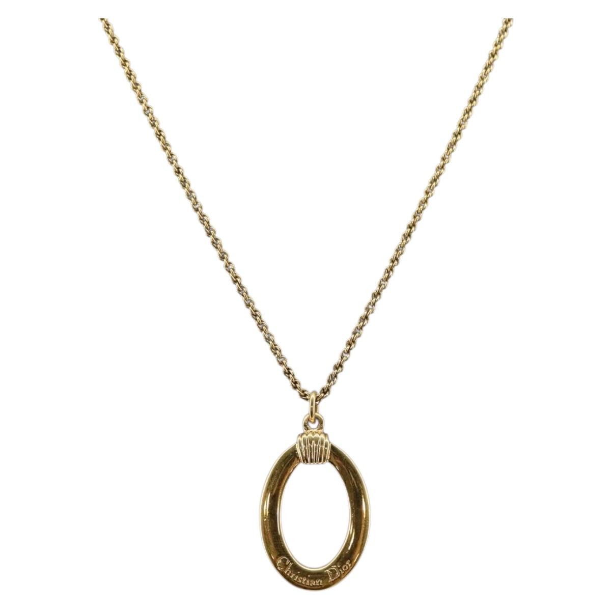 Christian Dior Vintage Logo Round Pendant Necklace Metal Gold Metal Necklace Jewelry ()