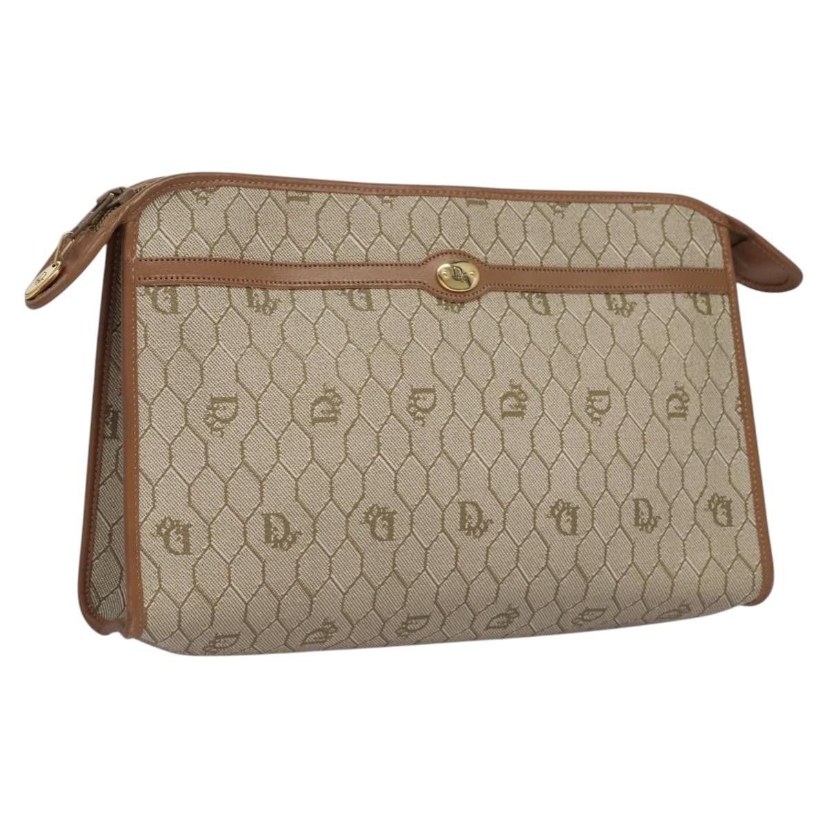 Christian Dior Vintage Honeycomb Zip Pouch Coated Canvas Beige Pvc Clutche & Pouche Bag ()