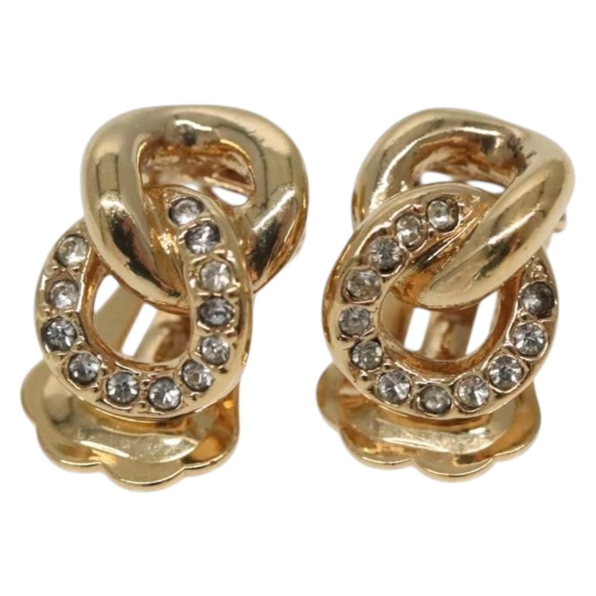 Christian Dior Vintage Chain Link Clip-On Earrings Metal With Crystals Gold Metal Earrings Jewelry ()
