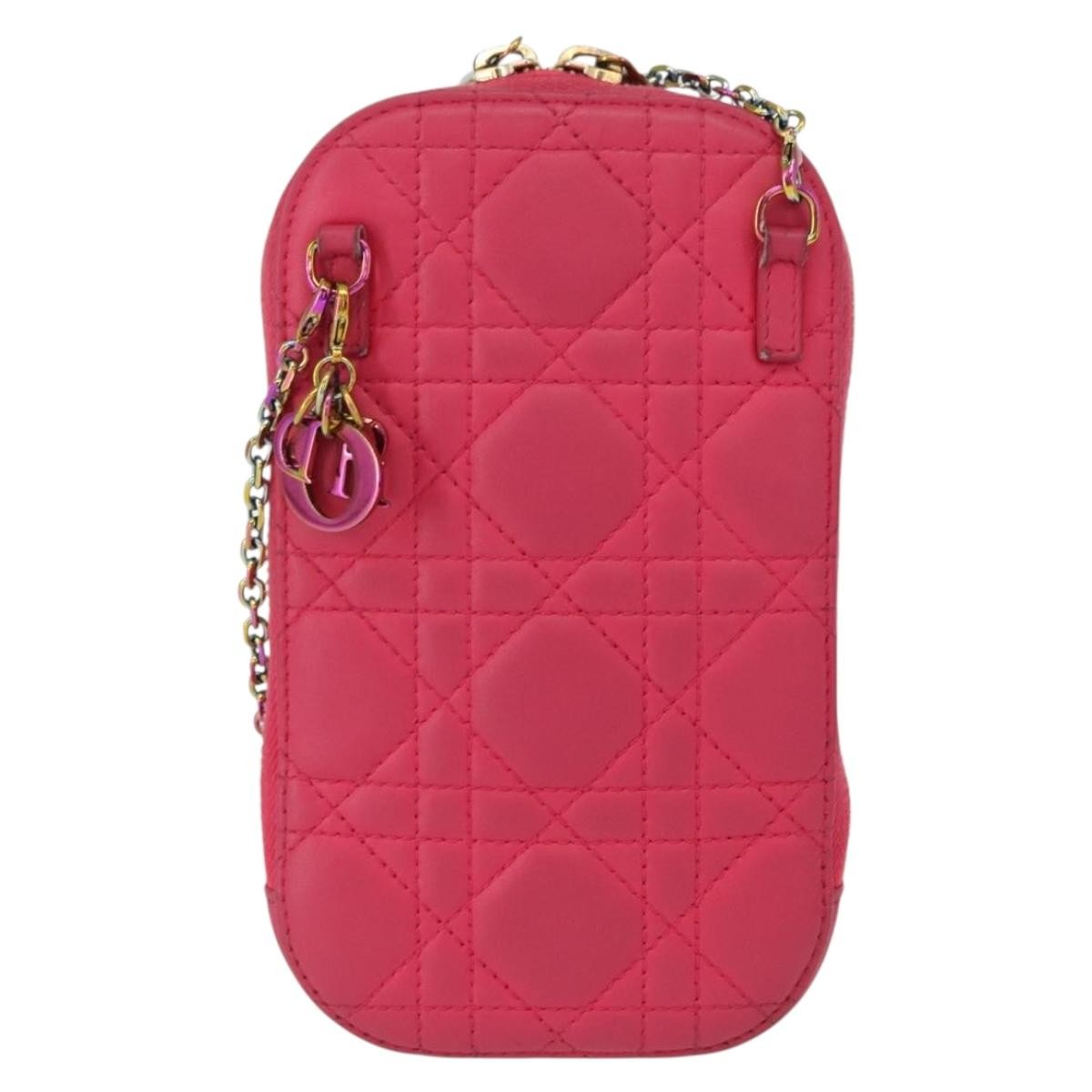 Christian Dior Lady Dior Phone Holder On Chain Cannage Quilt Lambskin Pink Leather Clutche & Pouche Bag ()