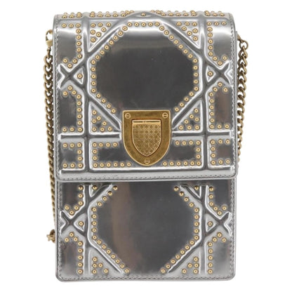 Christian Dior Ultra Matte Diorama Vertical Clutch On Chain Studded Leather Silver Patent_Leather Clutche & Pouche Bag ()