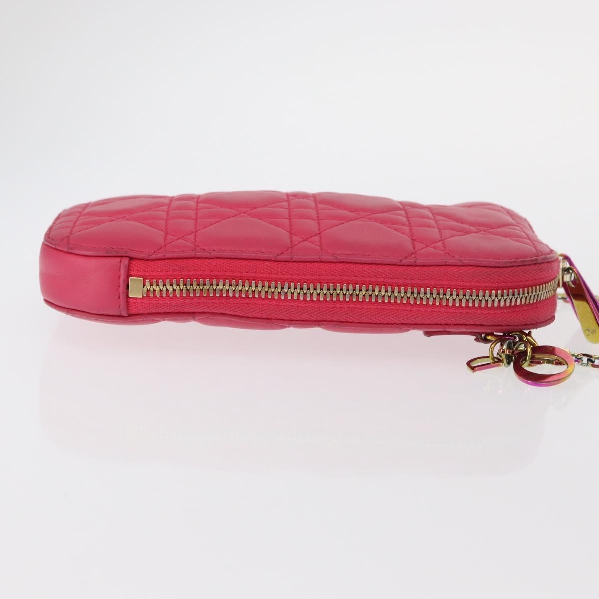 Christian Dior Lady Dior Phone Holder On Chain Cannage Quilt Lambskin Pink Leather Clutche & Pouche Bag ()