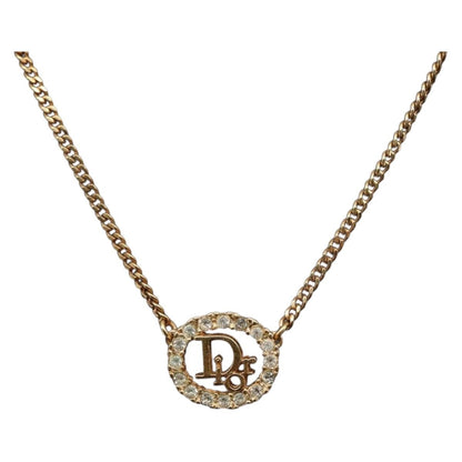 Christian Dior Vintage Logo Round Pendant Necklace Metal And Crystals Gold Metal Necklace Jewelry ()