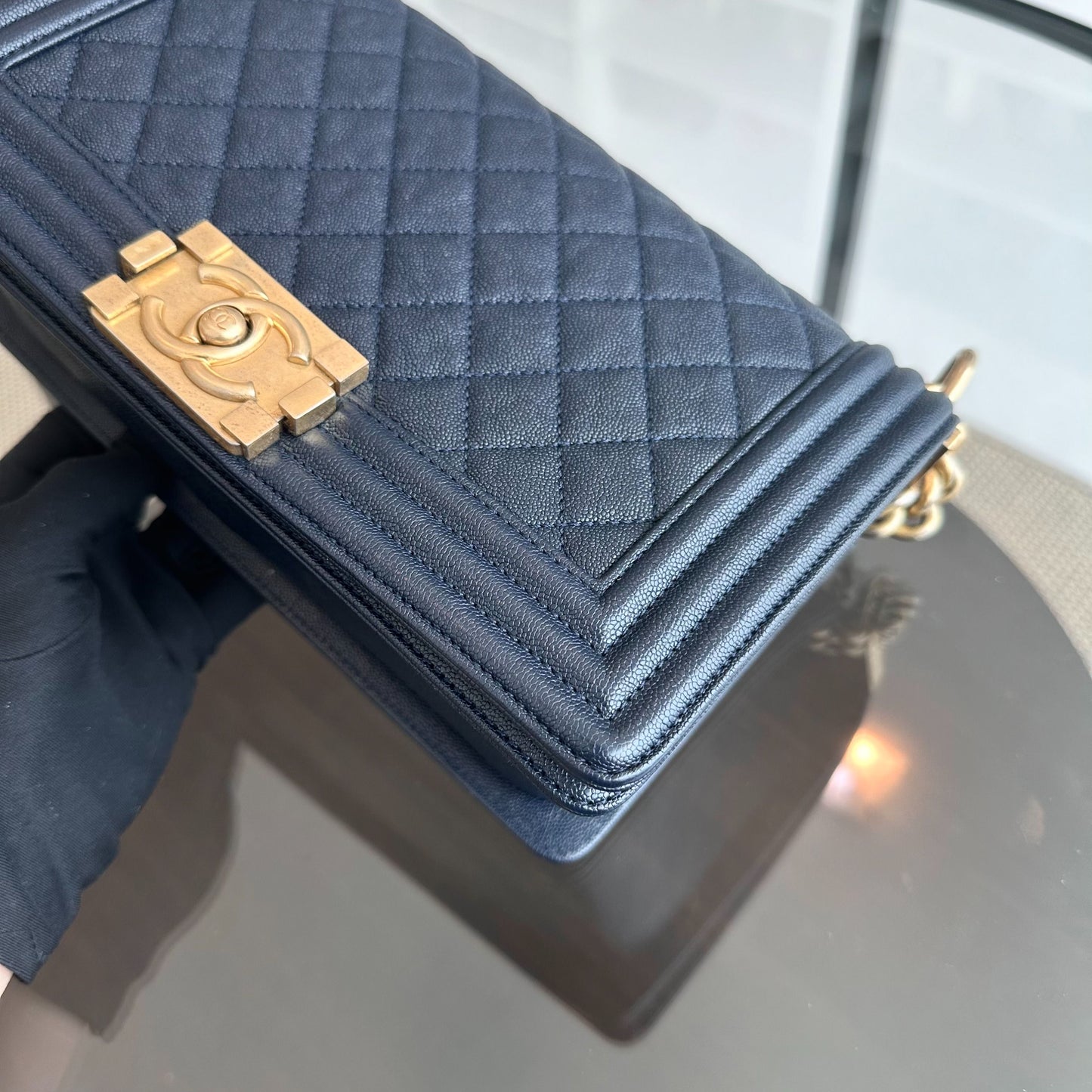 *Series 27, 2019* Boy Caviar Old Medium 25CM Quilted Calfskin Dark Blue GHW No 27  S$5,600