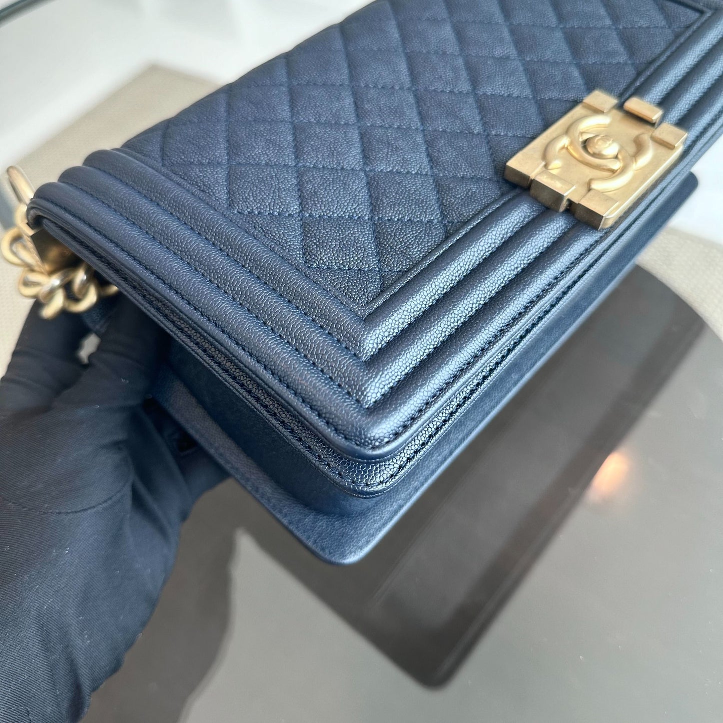 *Series 27, 2019* Boy Caviar Old Medium 25CM Quilted Calfskin Dark Blue GHW No 27  S$5,600