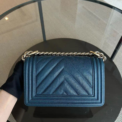 *Series 28, 2019* Caviar Boy Small 20CM Chevron Grained Calfskin Dark Blue Leboy Golden Hardware Series 28