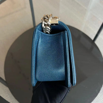 *Series 28, 2019* Caviar Boy Small 20CM Chevron Grained Calfskin Dark Blue Leboy Golden Hardware Series 28