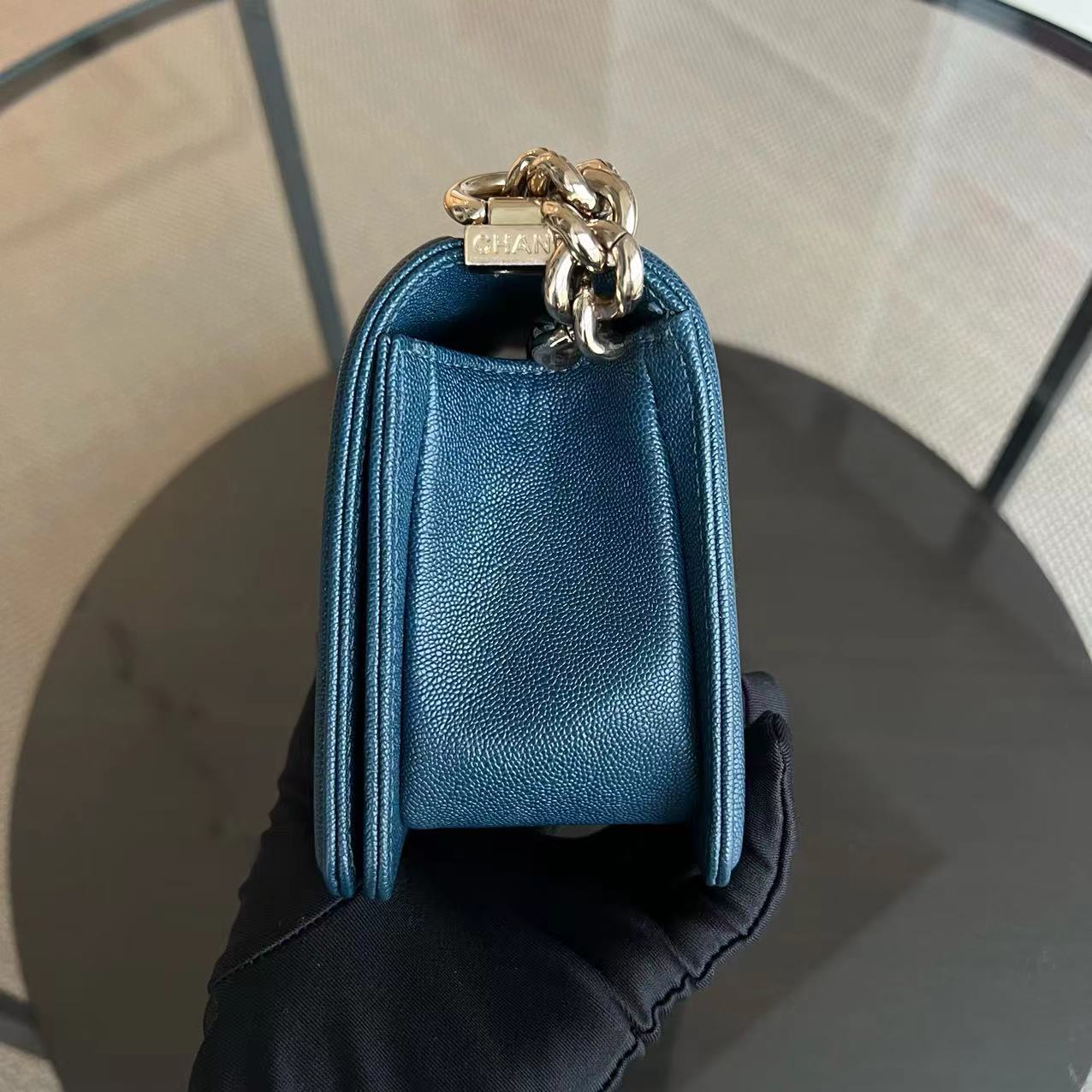 *Series 28, 2019* Caviar Boy Small 20CM Chevron Grained Calfskin Dark Blue Leboy Golden Hardware Series 28