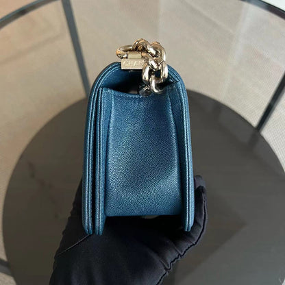 *Series 28, 2019* Caviar Boy Small 20CM Chevron Grained Calfskin Dark Blue Leboy Golden Hardware Series 28