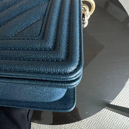 *Series 28, 2019* Caviar Boy Small 20CM Chevron Grained Calfskin Dark Blue Leboy Golden Hardware Series 28