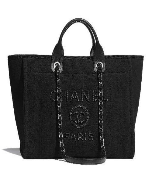 Chanel Deauville Fabric Tote Black Gray