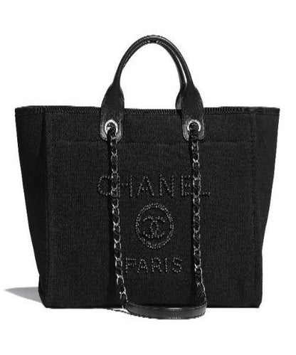 Chanel Deauville Fabric Tote Black Gray