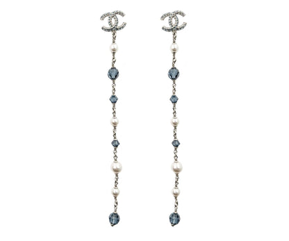 Chanel Brand New Silver CC Blue Princess Crystal Pearl Super Long Earrings