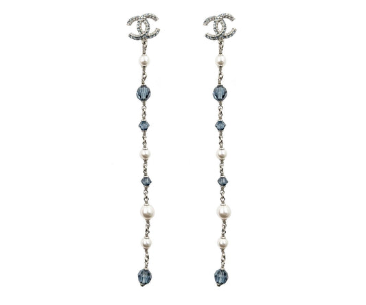 Chanel Brand New Silver CC Blue Princess Crystal Pearl Super Long Earrings