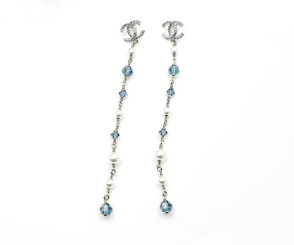 Chanel Brand New Silver CC Blue Princess Crystal Pearl Super Long Earrings