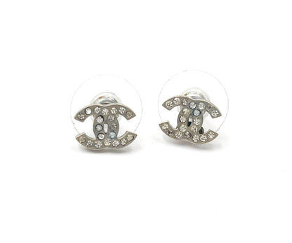 Chanel Classic Silver CC Crystal Small Piercing Earrings