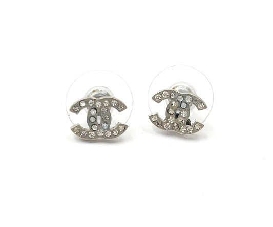 Chanel Classic Silver CC Crystal Small Piercing Earrings