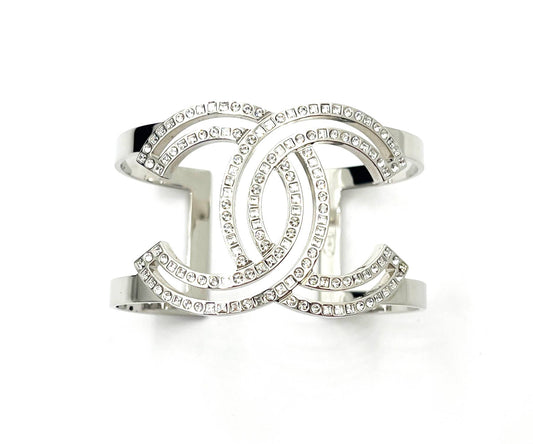 Chanel Classic Silver CC Square Round Crystal Cutout Double Cuff Bracelet