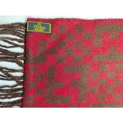 Fendi Red Brown Zucca Print Logo Wool Scarf