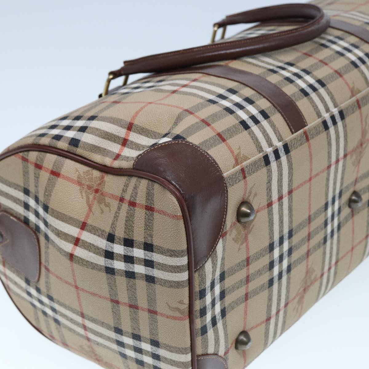 BURBERRYSs Nova Check Boston Bag PVC Leather Beige Auth tb1105
