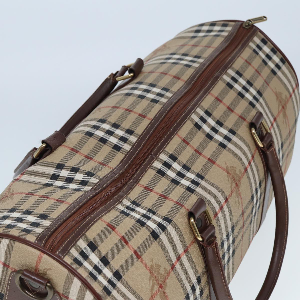 BURBERRYSs Nova Check Boston Bag PVC Leather Beige Auth tb1105