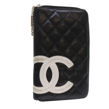 CHANEL Cambon Line Long Wallet Lamb Skin Black CC Auth th3796