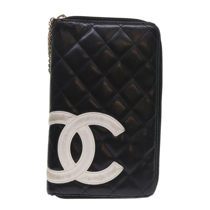 CHANEL Cambon Line Long Wallet Lamb Skin Black CC Auth th3796