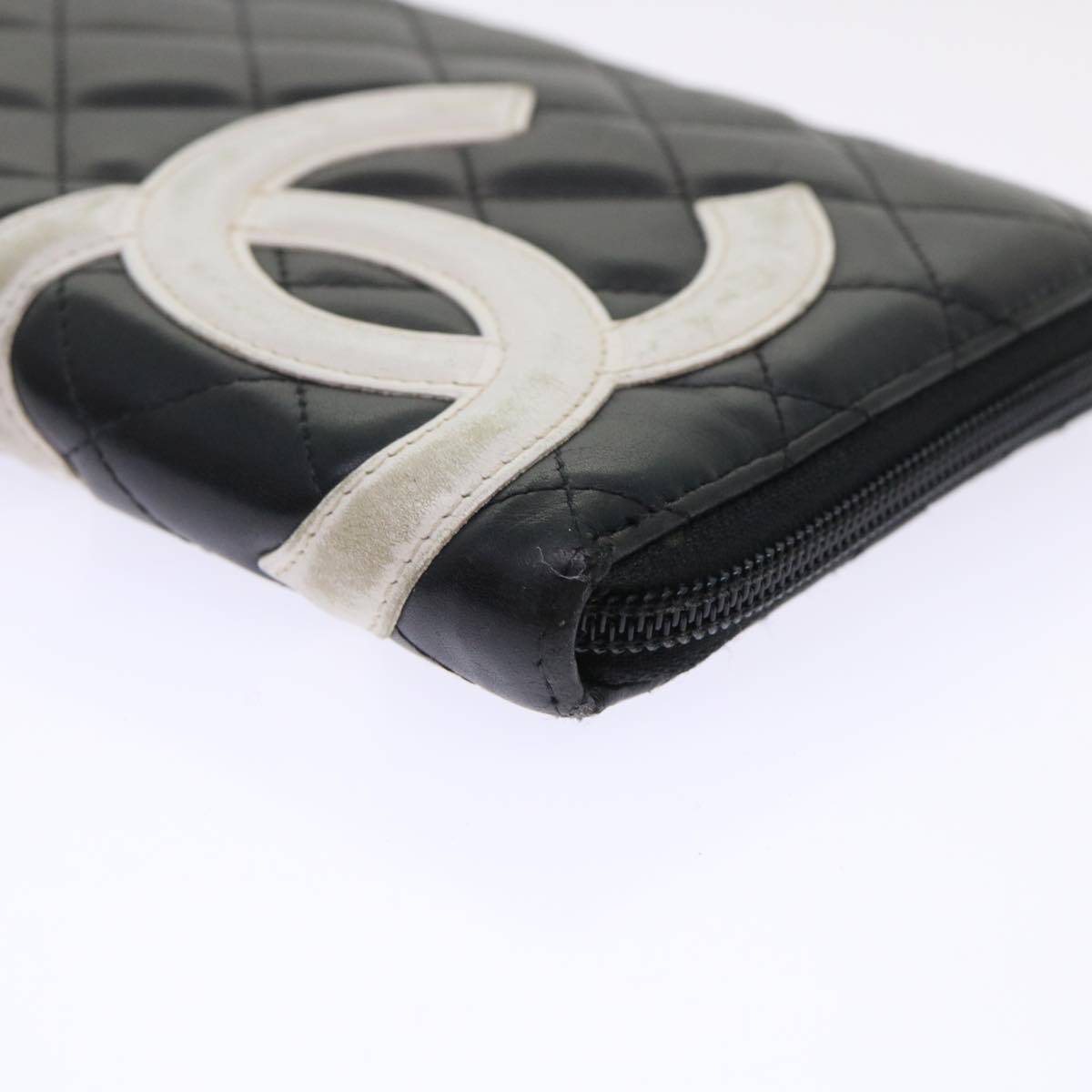 CHANEL Cambon Line Long Wallet Lamb Skin Black CC Auth th3796