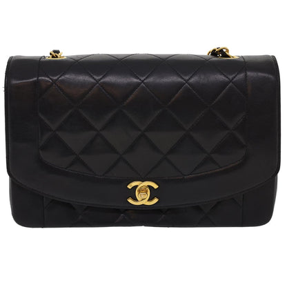CHANEL Chain Turn Lock Diana Matelasse Shoulder Bag Lamb Skin Black Auth rz036A