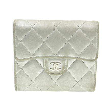 CHANEL Matelasse Bifold Wallet Silver CC Auth cr620