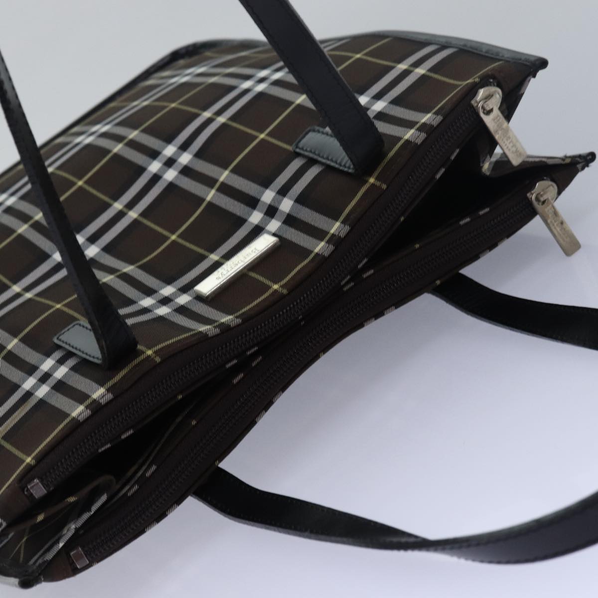 BURBERRYSs Nova Check Blue Label Tote Bag Nylon Leather Brown Black Auth ti1822