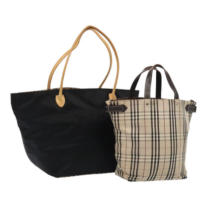 BURBERRYSs Nova Check Hand Bag Canvas 2Set Beige Black Auth ti1995