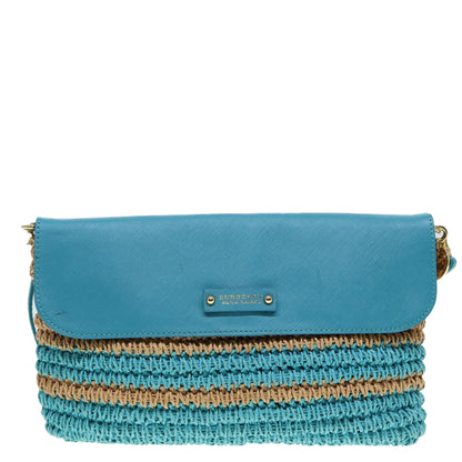 BURBERRY Blue Label Shoulder Bag Leather Straw Blue Beige gold Auth ti2047