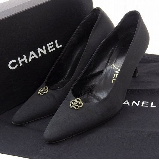 Chanel Satin Camellia Heels Black Size 38