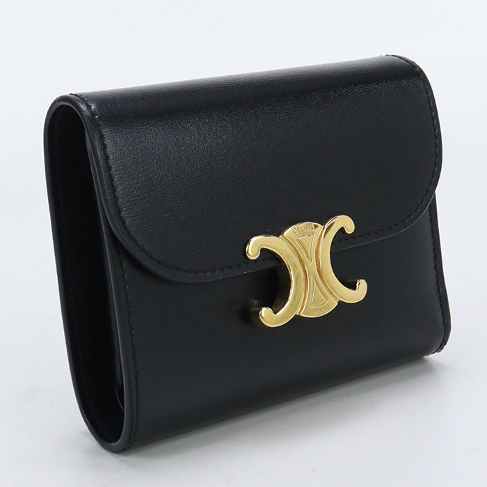 CELINE 10D78 3DPV 38NO Tri-fold wallet Triomphe Steel flap wallet Calf leather black Women