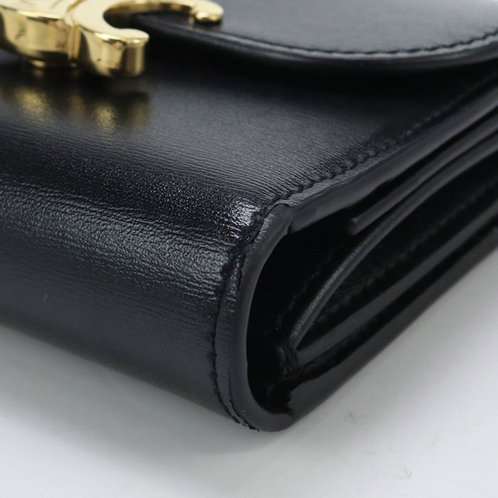 CELINE 10D78 3DPV 38NO Tri-fold wallet Triomphe Steel flap wallet Calf leather black Women