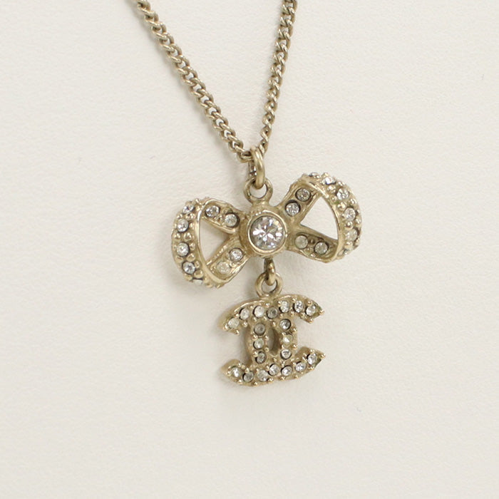 CHANEL Rhinestone Necklace COCO Mark Ribbon metal gold Women