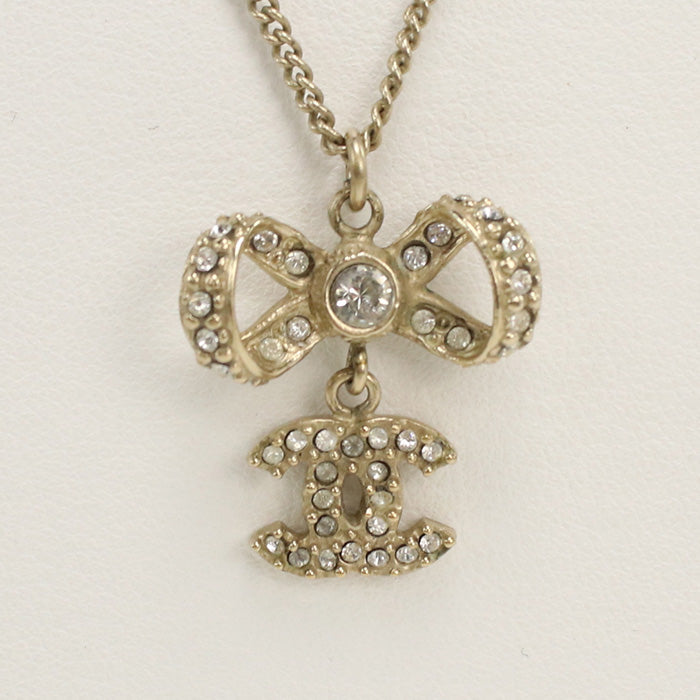 CHANEL Rhinestone Necklace COCO Mark Ribbon metal gold Women